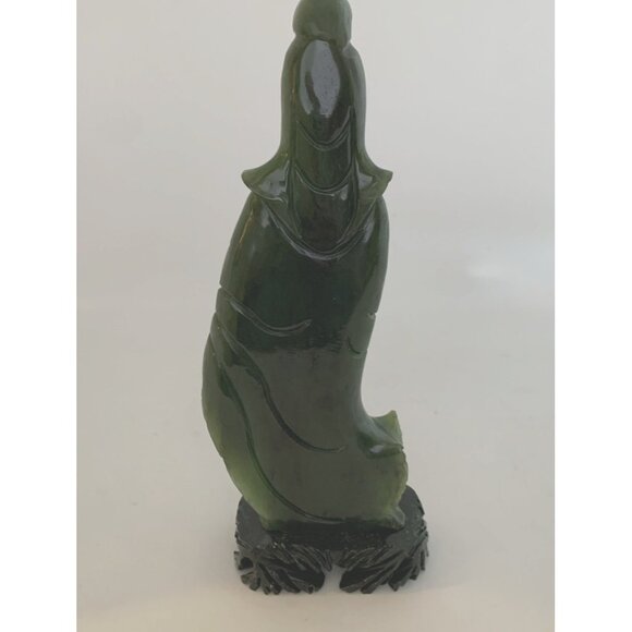 Chinese Nephrite Jade Guanyin 7" Statue w/Stand Hand Carved Deep Green Goddess - Picture 7 of 15